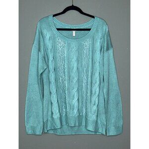 Vanity 2XL Women's Cable Knit Blue Pullover Lace Contrast Sweater